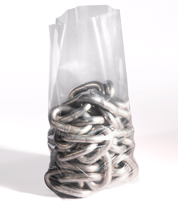 metal chain in clear gusseted polypropylene bag on white background