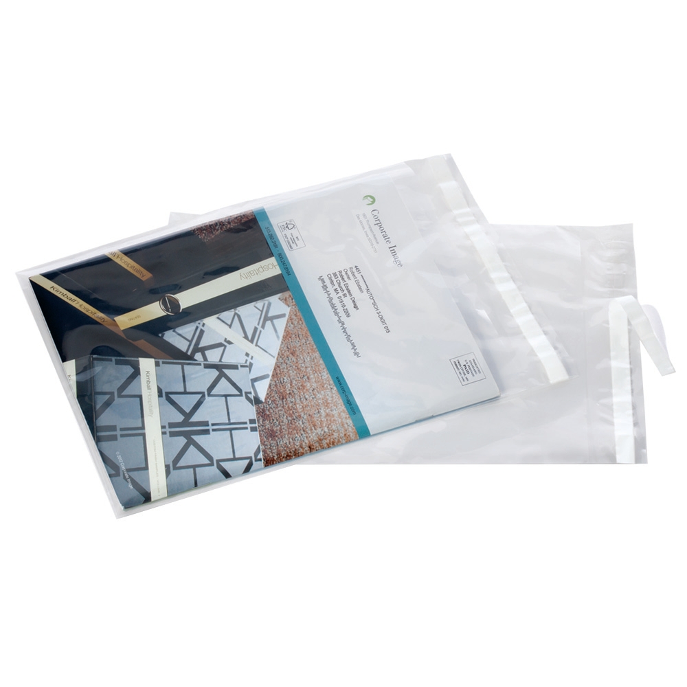 brochures inside two clear postal approved mail bags on white background