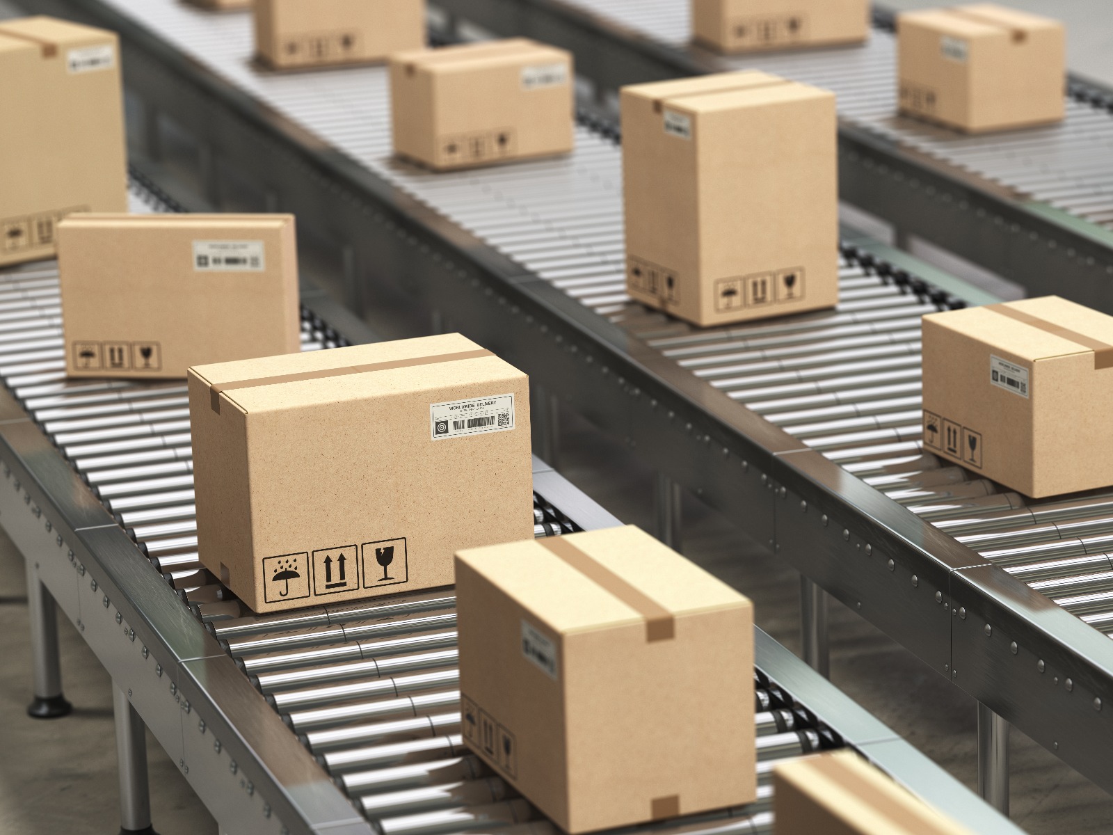 corrugated boxes traveling on conveyor belts