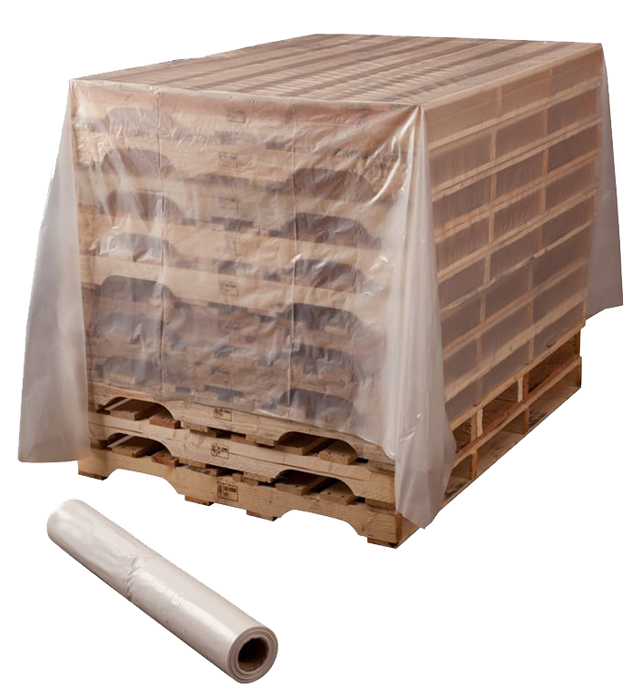 clear plastic bin liner pallet cover on top of stack of wooden pallets