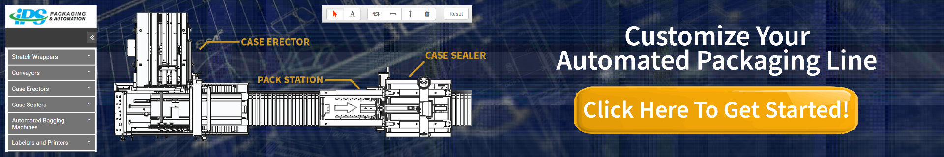 navy blue graphing paper background with white sketching lines with white drawing of packaging line in center packaging equipment navigation menu on left and white text on right saying customize your automated packaging line click here to get started