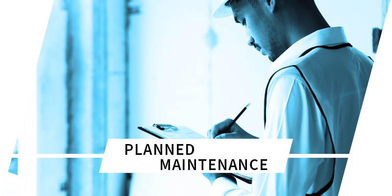 man in hard hat writing notes on clipboard with text planned maintenance on top