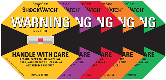 ShockWatch Labels five shockwatch impact indicators lined up horizontally with the top activated