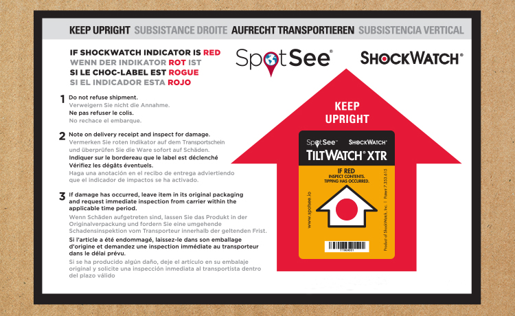 ShockWatch TiltWatch XTR Label shockwatch tiltwatch xtr label with red upward arrow and instructions on corrugated box