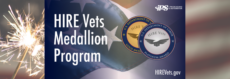 white text on left says hire vets medallion program with images of medallion on right and sparkler american flag background