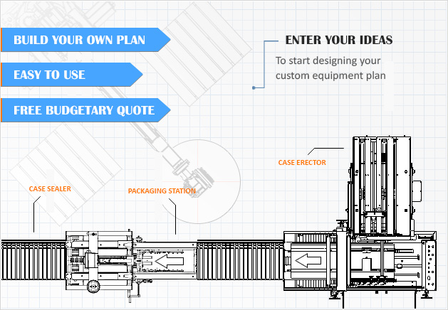 line drawing of packaging automation line with blue text info above