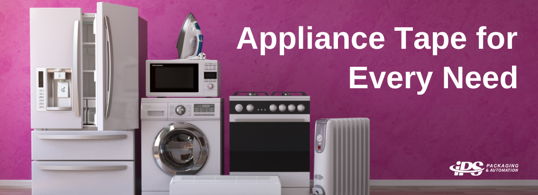 group of household appliances including refrigerator, oven, washing machine, and air conditioner on left in front of purple wall with white text reading appliance tape for every need on right