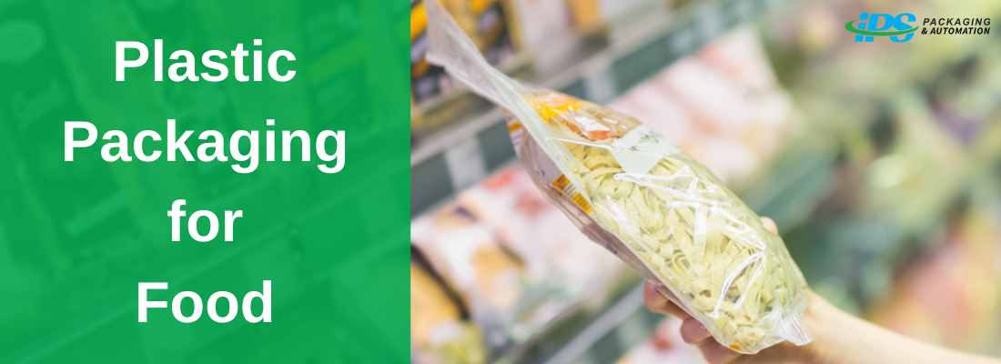 green square on left with white text reading plastic packaging for food with hand holding plastic bag of dry pasta in front of blurred grocery store shelves background