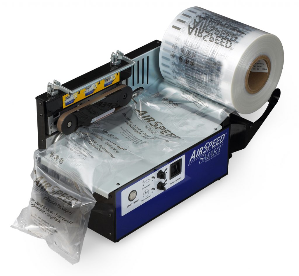 air pillow inflation machine with roll of plastic film pillows